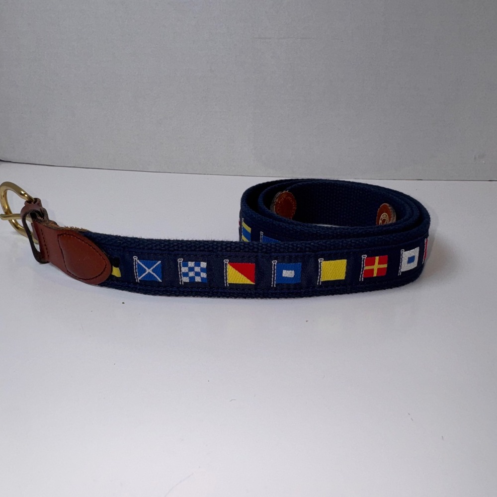 Leather Man Ltd Belt Mens 42 Navy Nautical Signal Flag Leather Canvas Brass